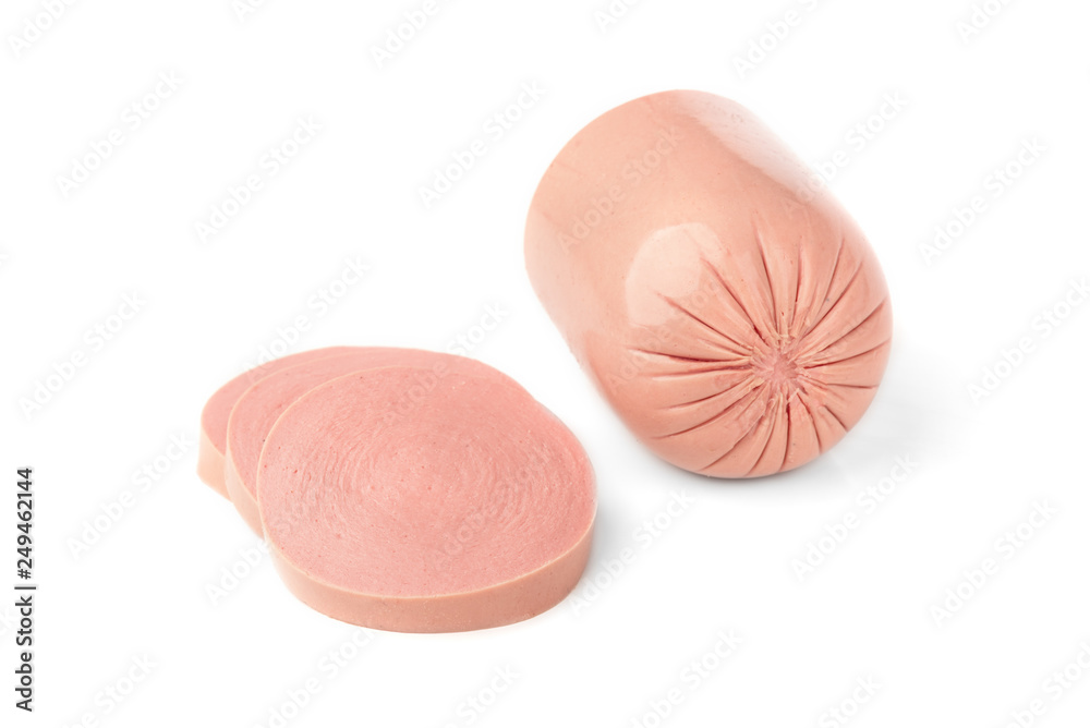 Boiled sausage isolated on white background.