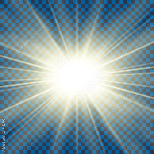Sun rays. Starburst bright effect, isolated on transparent background. Gold light star flash. Abstract shine beams. Vibrant magic sparkle explosion. Glowing burst, lens effect. Vector illustration