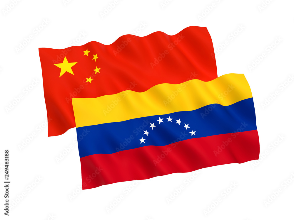 National fabric flags of Venezuela and China isolated on white background. 3d rendering illustration. 1 to 2 proportion.