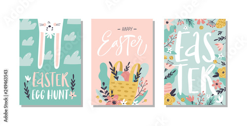 Set of Easter greeting cards and invitation for Easter egg hunt party. Hand drawn style.