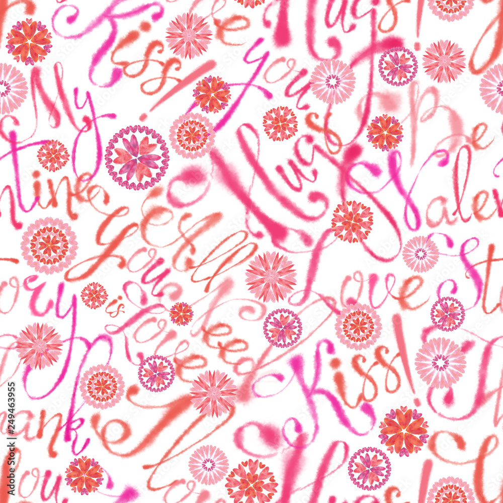 Valentine Slogans and Heart Flowers Seamless Pattern. Continuous Design for Background, Print, Wallpaper, Textile, and Gift Wrap