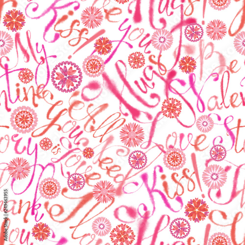 Valentine Slogans and Heart Flowers Seamless Pattern. Continuous Design for Background, Print, Wallpaper, Textile, and Gift Wrap