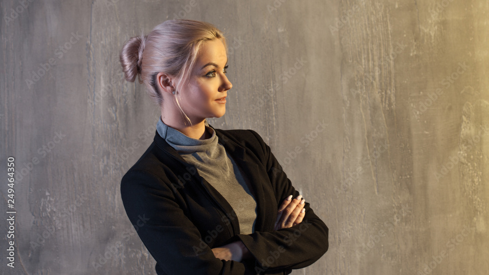 Portrait of beautiful blonde woman. Calm and self-confidence. Beautiful adult girl in black turtleneck