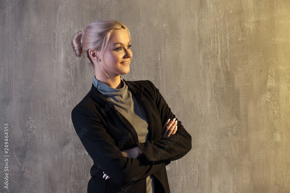 Portrait of beautiful blonde woman. Calm and self-confidence. Beautiful adult girl in black turtleneck