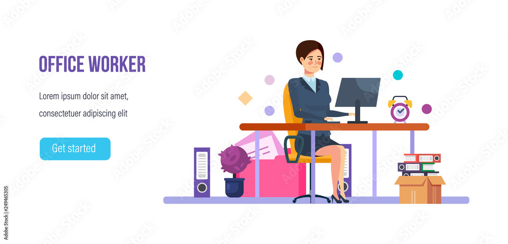 Girl, businesswoman, office worker, sitting at workplace in office room.