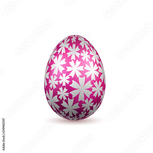 Easter egg 3D icon. Pink color egg, isolated white background. Silver flower design, realistic decoration Happy Easter celebration. Holiday element. Shiny pattern. Spring symbol. Vector illustration