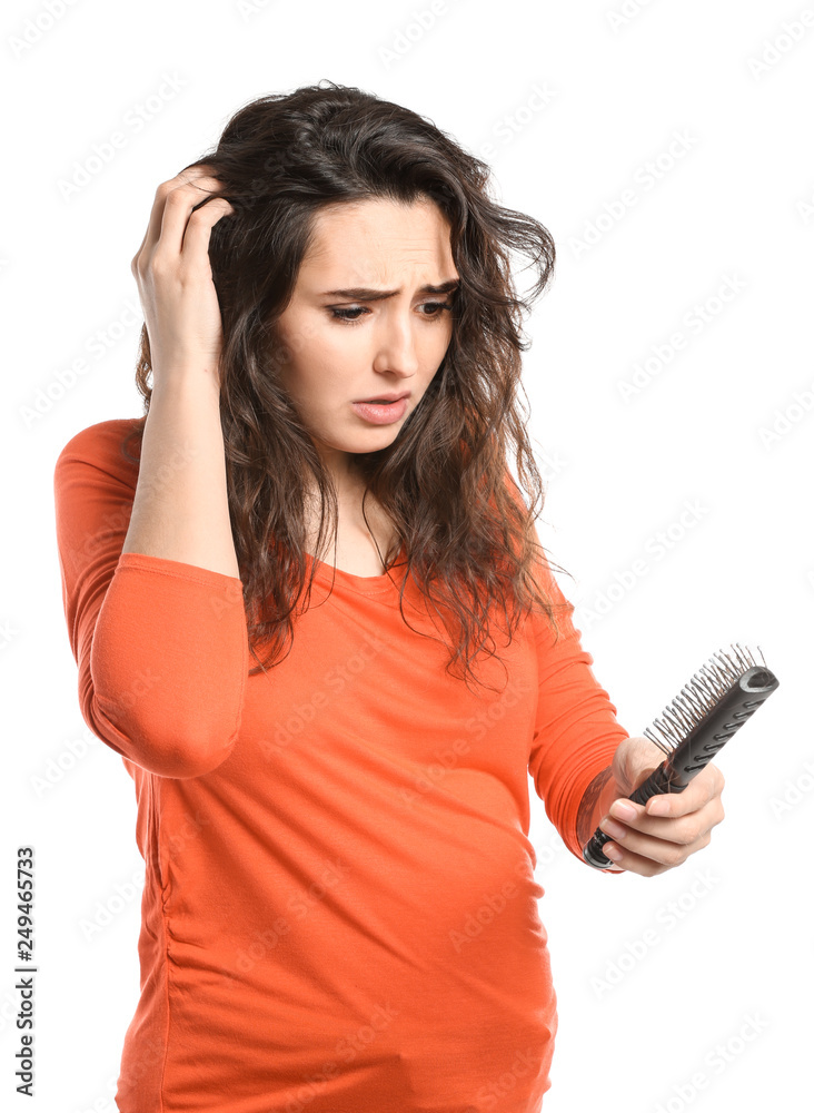 Woman with hair loss problem on white background Woman with hair loss problem on white background
