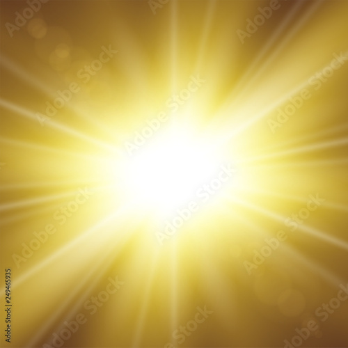 Sun rays. Starburst bright effect, isolated on gold background. Gold light star flash. Abstract shine beams. Vibrant magic sparkle explosion. Glowing burst, lens effect. Vector illustration