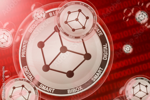 Bibox Token crash; Bibox (BIX) coins in a bubbles on the binary code background. Close-up.  photo