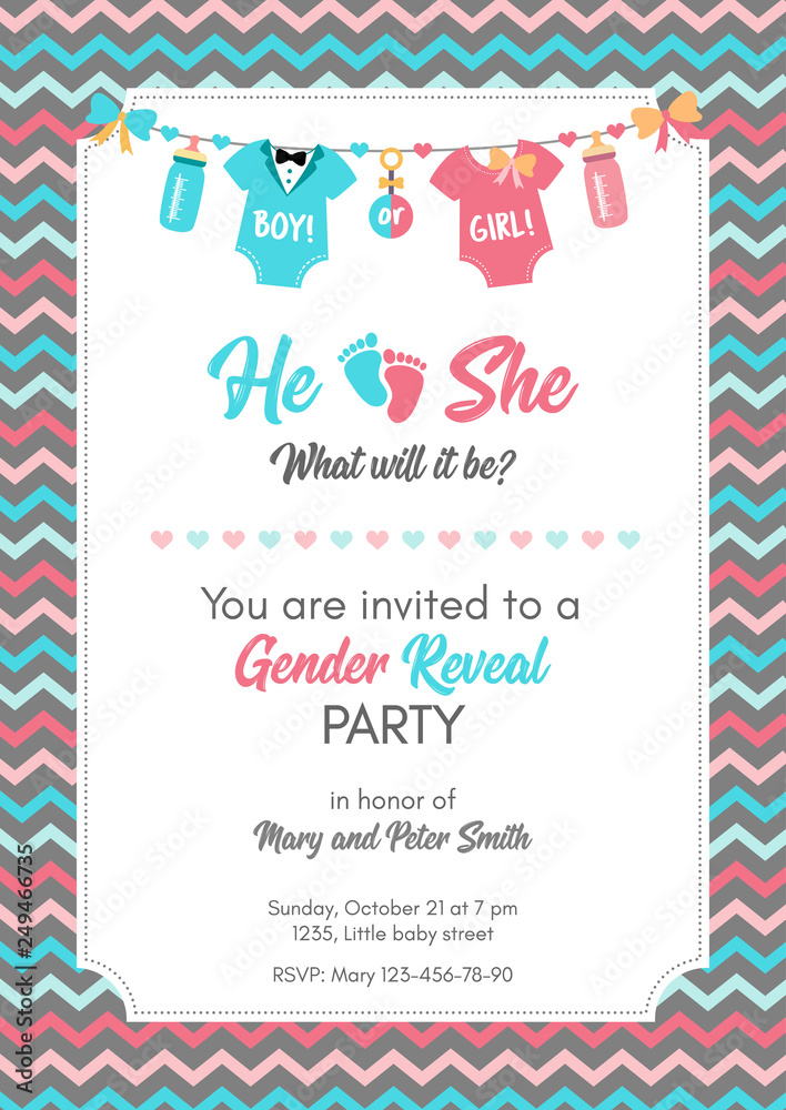 Gender reveal invitation template, baby shower party. vector de Stock