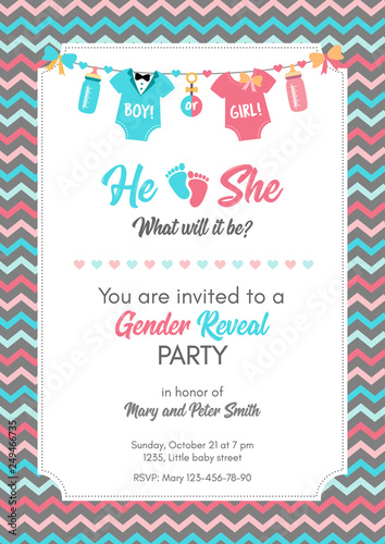 Gender reveal invitation template, baby shower party.