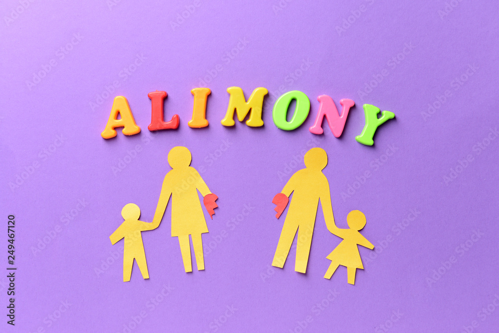 Word ALIMONY with paper figures of family on color background