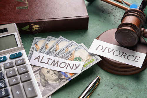 Composition with words ALIMONY and DIVORCE, money and calculator on color background