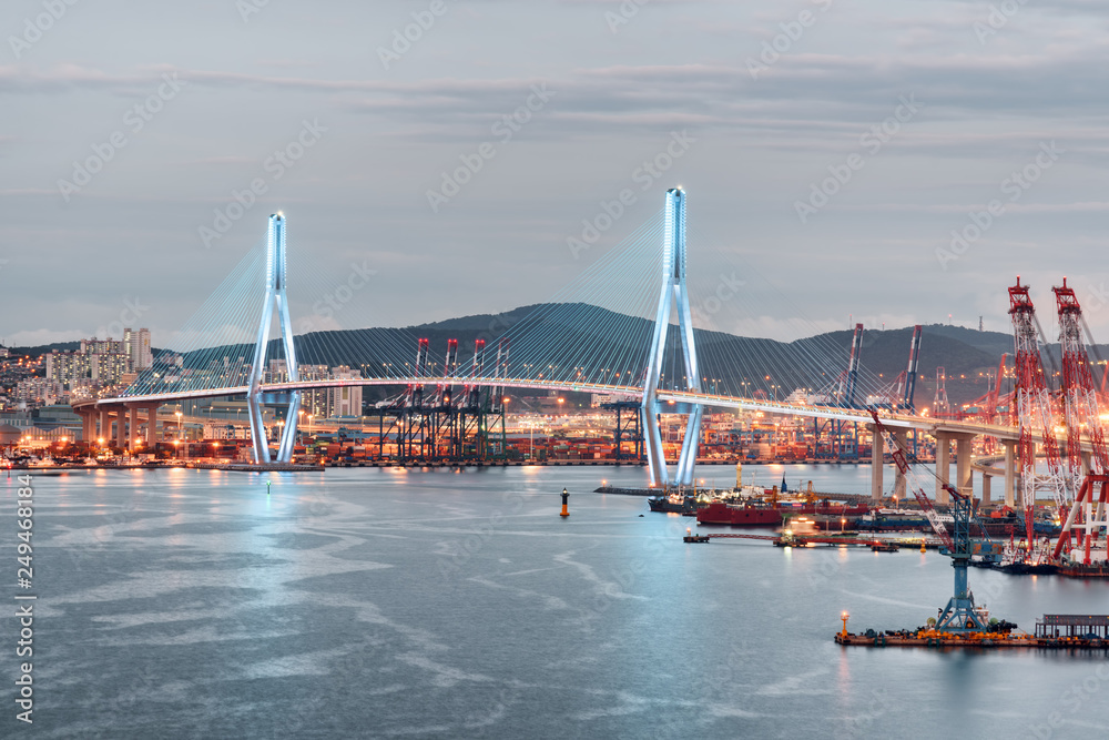 Scenic view of Busan Harbor Bridge and the Port of Busan