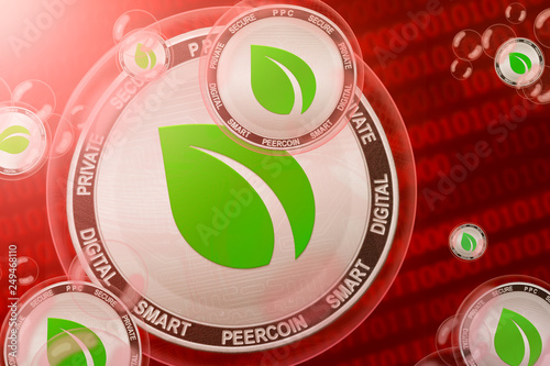 Peercoin crash; Peercoin (PPC) coins in a bubbles on the binary code background. Close-up.