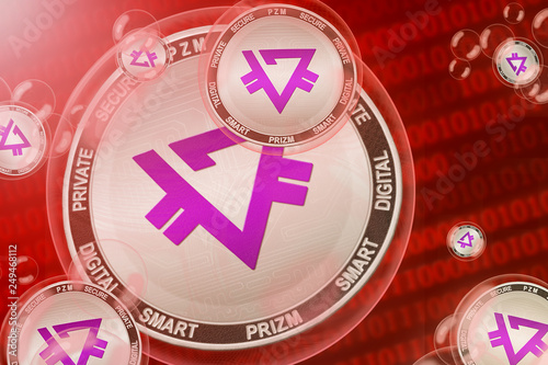 Prizm crash; PRIZM (PZM) coins in a bubbles on the binary code background. Close-up.  photo