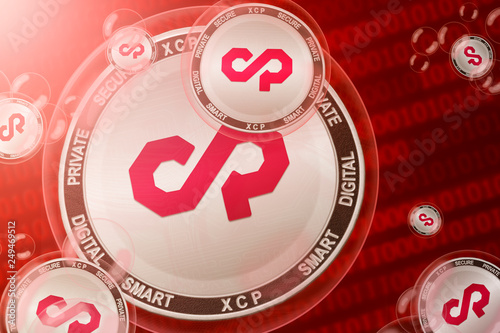 Counterparty crash; Counterparty (XCP) coins in a bubbles on the binary code background. Close-up