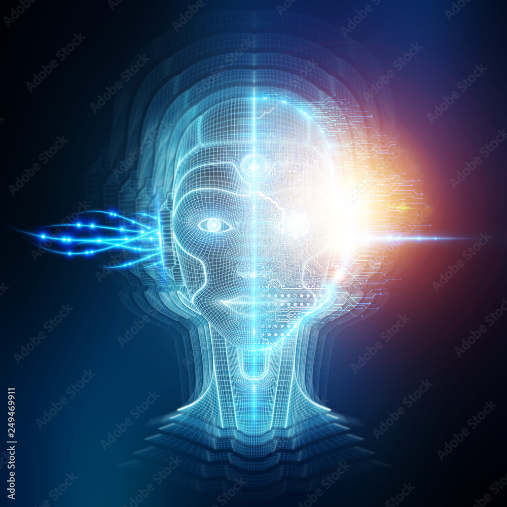 Robot cyborg head artificial intelligence learning 3D rendering Robot cyborg head artificial intelligence learning 3D rendering