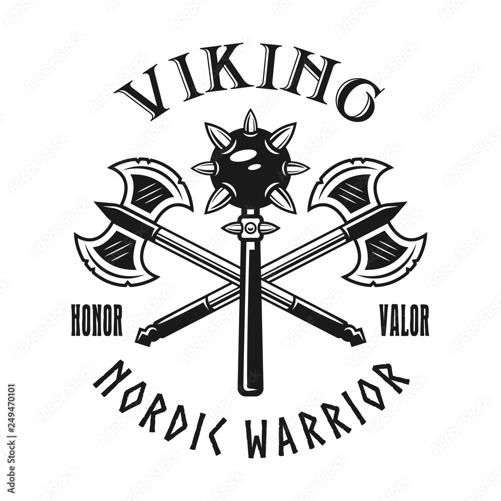 Fototapeta premium Vikings weapons vector emblem, label, badge, logo
