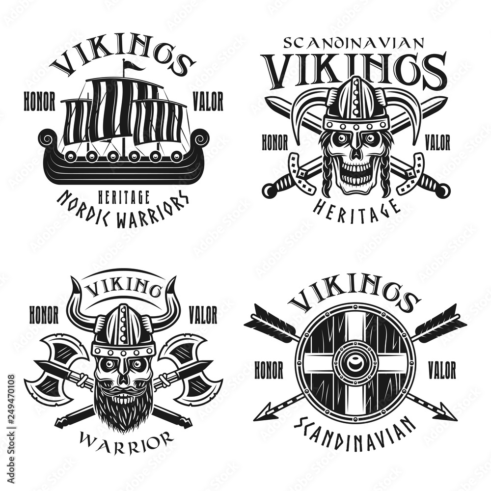 Obraz premium Vikings warriors vector emblems, labels, badges