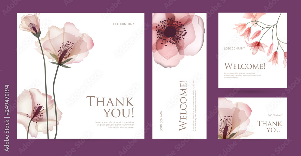 A set of postcard with the words of gratitude. Design template of business cards with abstract spring flowers for the hotel, beauty salon, spa, restaurant, club. Vector illustration - obrazy, fototapety, plakaty 
