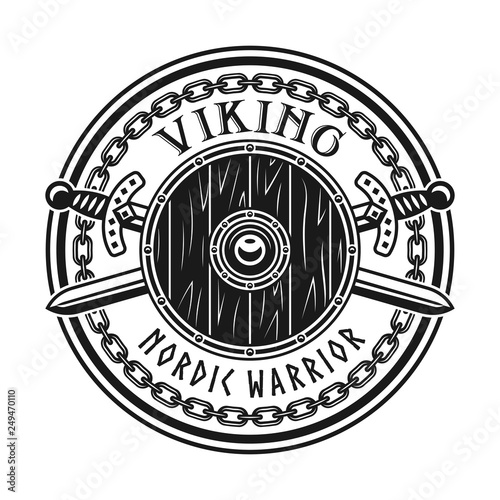 Viking vector emblem with round shield and swords