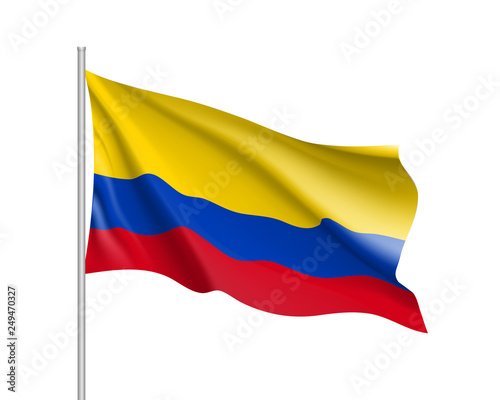 Waving flag of republic Columbia . Realistic iIllustration of South America country flag on flagpole. 3d vector icon isolated on white background