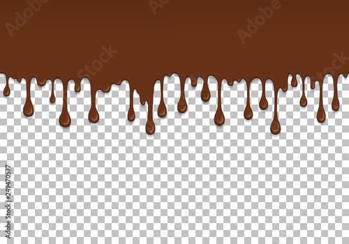 Brown dripping slime seamless pattern. Chocolate background with copy space. Realistic sweet cream isolated element. Flowing melted milk chocolate. Popular kids sensory game vector illustration.