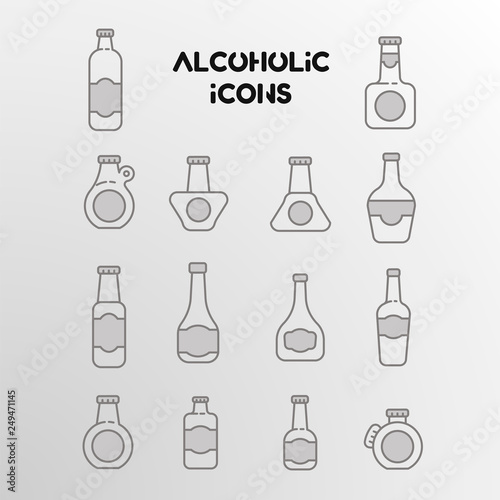 Set of vector linear icons of alcohol bottles 