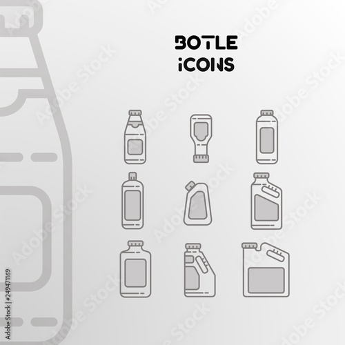 Design of vector linear icons of bottles, cans and packaging.