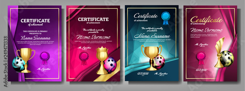 Bowling Game Certificate Diploma With Golden Cup Set Vector. Sport Award Template. Achievement Design. Honor Background. A4 Vertical. Champion. Best Prize. Winner Trophy. Template Illustration