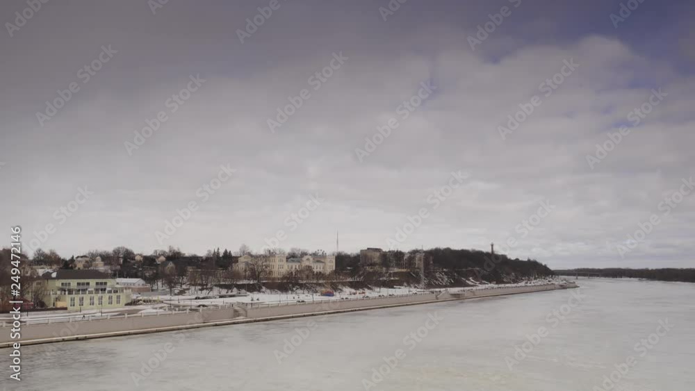 GOMEL, BELARUS - FEBRUARY 13, 2019: Beautiful embankment of the river Sozh in winter. GOMEL, BELARUS - FEBRUARY 13, 2019: Beautiful embankment of the river Sozh in winter.