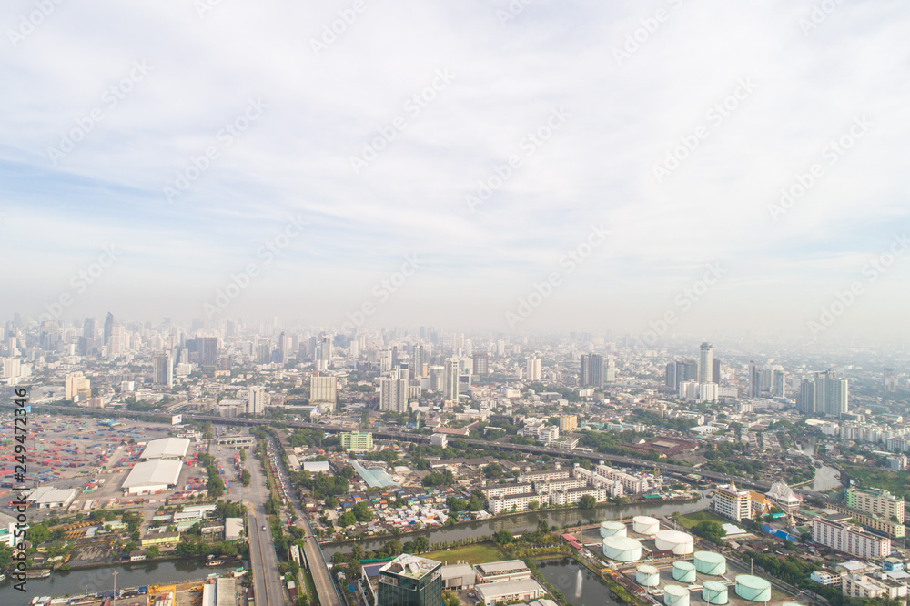 Aerial view Bangkok building morning with air pollution PM 2.5