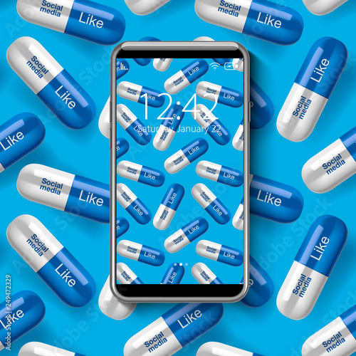 Smartphone with colorful wallpaper, of social media addiction concept, seamless pills pattern, vector illustration.
