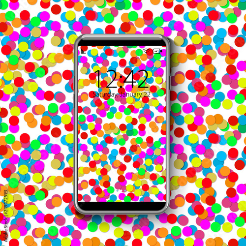 Smartphone with colorful wallpaper, of confetti pattern background, vector illustration.