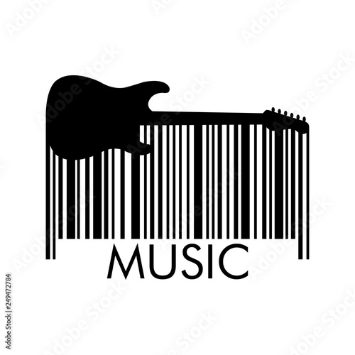 Icono plano código de barras con texto MUSIC con guitarra eléctrica en color negro