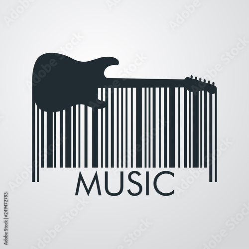 Icono plano código de barras con texto MUSIC con guitarra eléctrica en fondo gris
