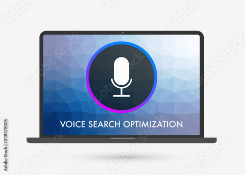 Voice search optimization on laptop screen flat vector illustration, banner for site with microphone icon. Search by Voice technology for marketing SEO on the dark gradient background