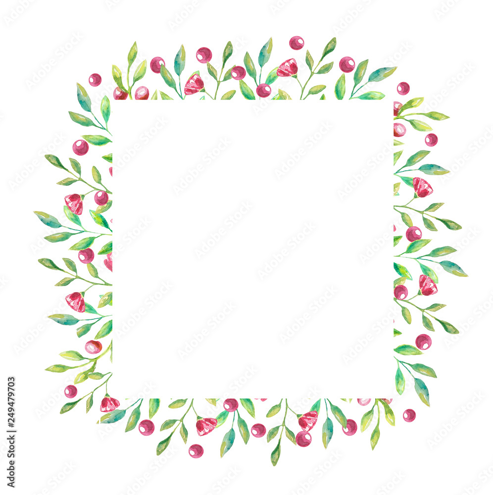 Square frame with red flowers and berries and small green leaves for your invitation or card Square frame with red flowers and berries and small green leaves for your invitation or card