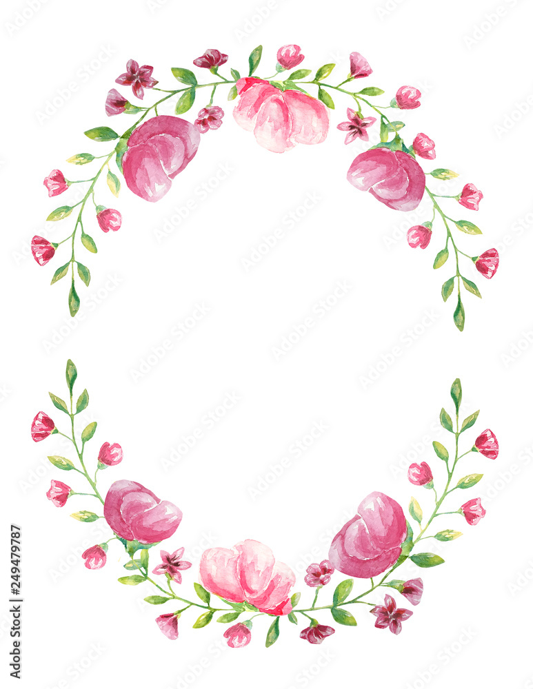 Frame of three roses with blooming red flowers for an invitation or any lettering in the middle