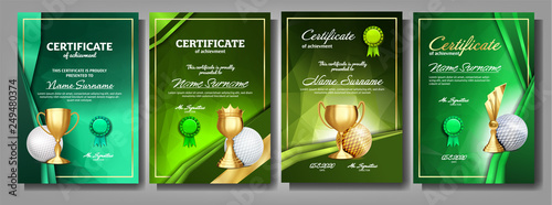 Golf Game Certificate Diploma With Golden Cup Set Vector. Sport Award Template. Achievement Design. Honor Background. A4 Vertical. Champion. Best Prize. Winner Trophy. Template Illustration