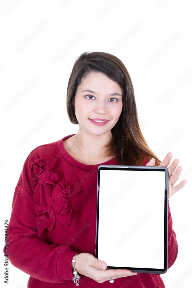 Happy pretty woman showing a blank digital tablet computer pad screen Happy pretty woman showing a blank digital tablet computer pad screen