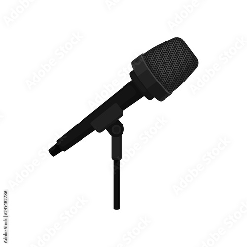 Flat vector icon of black condenser microphone on stand. Equipment for radio or record studio