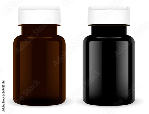 Supplement Pill Bottle. Black Plastic Medical Set. Pharmaceutical Capsule 3d Jar Mockup Template. Round Pharmacy Tablet Container Pack with White Cap. Vitamine or Placebo Box.