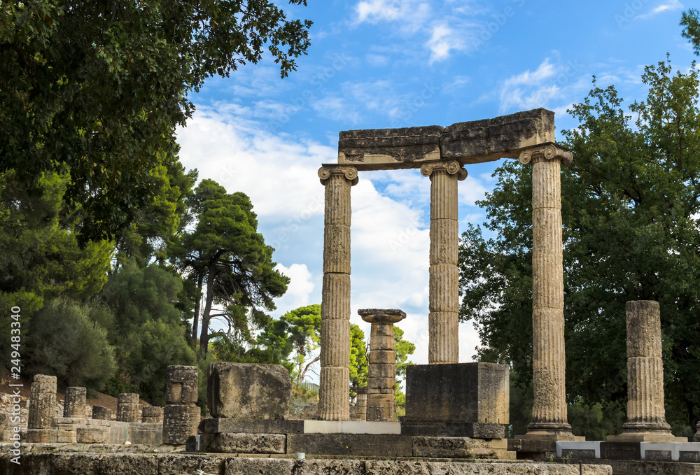 Ancient ruins of archaeological site of Olympia in Peloponnese, Greece. 