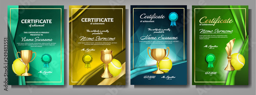 Tennis Game Certificate Diploma With Golden Cup Set Vector. Sport Award Template. Achievement Design. Honor Background. Vertical. Document. Champion. Best Prize. Winner Trophy. Template Illustration
