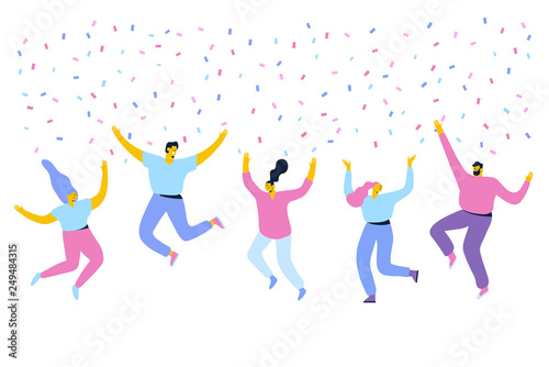 Happy Jumping group of young people. Friendship, Success, Healthy lifestyle, celebrating victory concept. Flat Vector illustration.