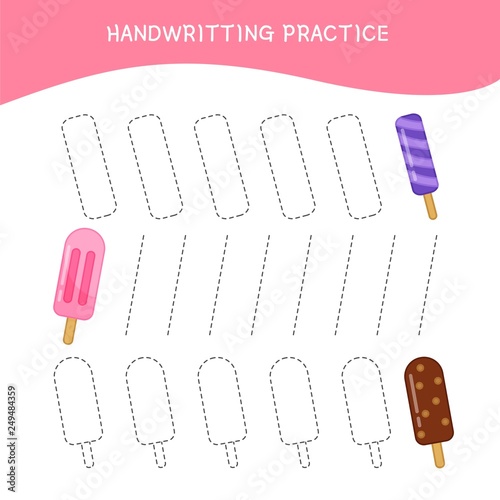 Handwriting practice sheet. Basic writing. Educational game for children.  Cartoon ice creams.