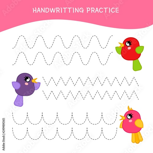 Handwriting practice sheet. Basic writing. Educational game for children.  Cartoon cute birds.