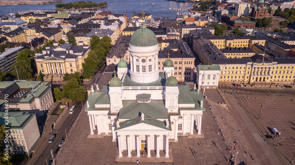 Helsinki Lutheral Cathedral shot with a drone form above